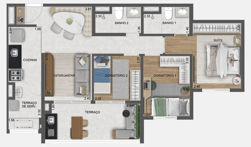 Villares Parada Inglesa – Planta do apto. tipo de 71 m²