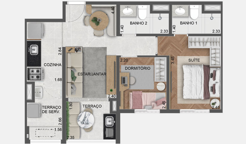 Villares Parada Inglesa – Planta do apto tipo de 53 m²