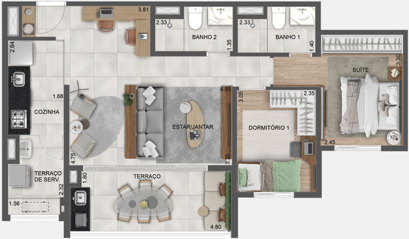 Villares Parada Inglesa – Planta do Apto. Opção de 71 m²